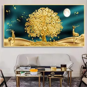 Абстрактная роскошная счастливая золотая монета в виде листьев, золотое богатое дерево, холст, живопись, постеры и принты, настенные художественные фотографии, домашний декор, без рамки 21*30cm
