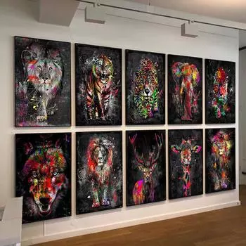 Абстрактная роспись граффити животное искусство настенный плакат Лев Тигр Леопард украшение для дома холст живопись фрески печатные произведения искусства 21x30cm No Frame