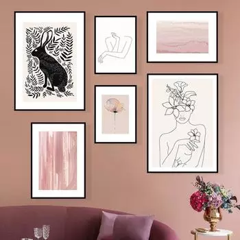 Абстрактная розовая настенная художественная печать, женское лицо, линия живописи, постер в стиле бохо, изображение, скандинавские постеры и принты, украшение для гостиной, дома 21cm30cm NoFrame