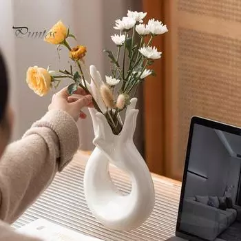 Абстрактная ручная керамическая ваза современный минималистский боди-арт держатель для цветочных растений ручной работы контейнер для домашнего офиса центральное украшение для рабочего стола белый