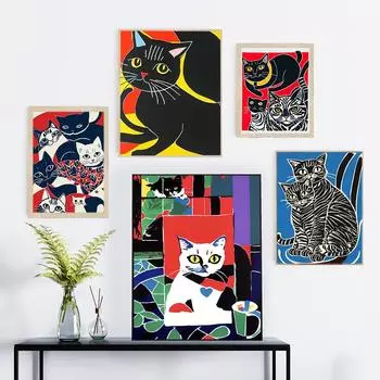 Абстрактная семья кошек, черный кот, принт, настенное искусство, украшение для домашних животных, минималистский ретро-кот, холст, картина, современное украшение комнаты, постер 21cm30cm NoFrame