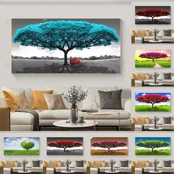 Абстрактная сине-красная елка, стул, масло, холст, картина, пейзажные постеры и принты, настенные художественные фотографии, домашний декор для гостиной, без рамки 20*40cm