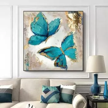 Абстрактная синяя золотая бабочка, картина маслом на холсте, современные настенные художественные постеры, принты для гостиной, домашний декор, картинки Cuadros 20x20cm
