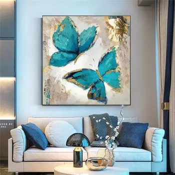 Абстрактная синяя золотая бабочка, картина маслом на холсте, современные настенные художественные постеры, принты для гостиной, домашний декор, картинки Cuadros 20x20cm