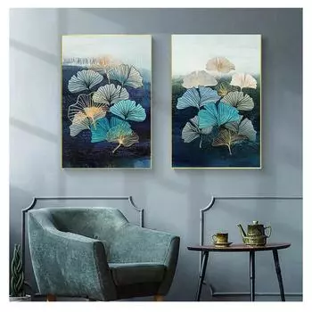 Абстрактная скандинавская печать на холсте, постер, настенное искусство, современная картина для гостиной, домашний декор, 5-76, синий, зеленый, желтый, золотой, растительный лист 21cm30cm NoFrame