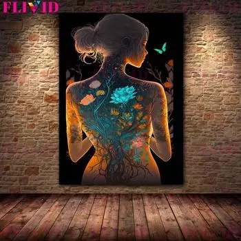 Абстрактная татуировка цветок сексуальная девушка женщина плакат настенное искусство холст живопись плакаты печатает настенные панно для гостиной домашний декор без рамки 21*30cm