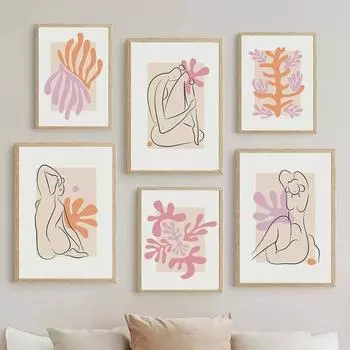 Абстрактная телесная линия рисунок коралловый лист розовый кремовый цвет настенная живопись на холсте постеры и принты картинки для декора гостиной 21x30cm No Framed