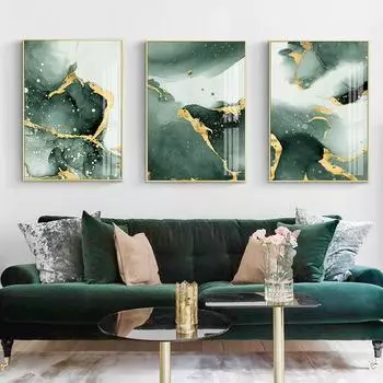 Абстрактная темно-зеленая золотая акварельная тушь, настенная живопись на холсте, печать, постер, изображение для гостиной, интерьера, украшения дома A4 21x30cm No Frame