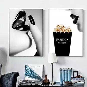 Абстрактная Vogue поп-арт холст картина черно-белая женщина губы плакаты и принты картина для декора гостиной стены без рамки 21cm30cm NoFrame