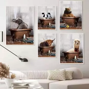 Абстрактная ванна с животными Плакат для купания Горная корова Альпака Скандинавское настенное искусство Печать на холсте Картина Декор для гостиной 21x30cm No Framed