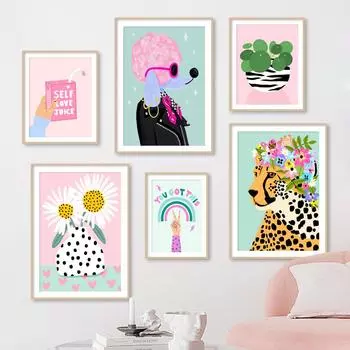 Абстрактная ваза с леопардовым пуделем и зеброй, настенная живопись на холсте, плакаты на скандинавскую тему и принты, настенные панно для розового декора гостиной без рамки 21*30cm No Frame