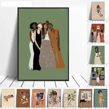 Абстрактная винтажная девушка с ботаническим плакатом и принтами, йога, релакс, холст, живопись, модные настенные художественные картины для девочек для домашнего декора 21x30cm No Framed белый