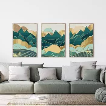 Абстрактная зеленая и золотая горная картина на холсте, солнечная волна, скандинавский постер с принтом, настенная художественная картина, современный декор для гостиной 21x30cm No Framed