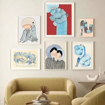 Абстрактная женская фигура, художественная геометрическая картина на холсте, скандинавский плакат с принтом, цветочные настенные панно для ванной для гостиной, украшения дома 21x30cm No Framed белый