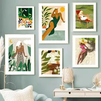 Абстрактная женская модель в стиле бохо, растения, листья, настенная живопись на холсте, постеры на скандинавскую тему и принты, настенные панно для декора гостиной 21cm30cm NoFrame