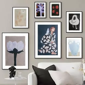 Абстрактная женская ваза с цветами и деревом, лебедь, холст, картина, настенное искусство, красочные постеры на скандинавскую тему и принт, настенные панно, декор для гостиной 21*30cm