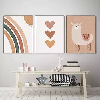 Абстрактная живопись Альпака Печать на холсте Радуга Солнце Сердце Плакат для детского сада Богемная Настенная картина 21cm30cm NoFrame