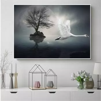 Абстрактная живопись Белый летящий лебедь Птица Природа Пейзаж Настенные панно для гостиной Настенное искусство Куадрос Украшение 20cm40cm NoFrame
