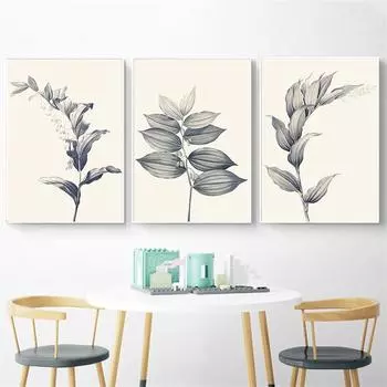 Абстрактная живопись черный, белый, серый постер с листьями, винтажный растительный холст, художественный принт, настенная картина для украшения ванной комнаты, гостиной 21cm30cm NoFrame