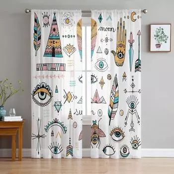 Абстрактная живопись перо жук стрелка тюлевые оконные шторы для гостиной из органзы, прозрачная вуаль, занавеска для спальни, кухни, домашний декор W135 x H115cm x1