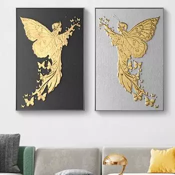 Абстрактная золотая фольга постер с бабочкой и ангелом, современный домашний декор, холст, картина, минималистичный художественный постер и принты для гостиной 21cm30cm NoFrame