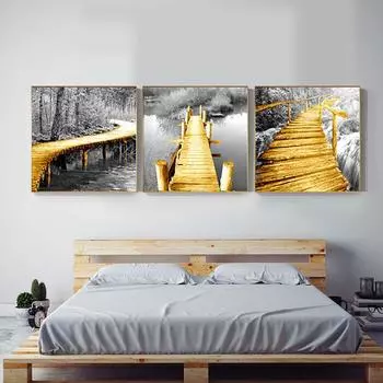 Абстрактная золотисто-желтая картина на холсте с мостом, промышленные постеры для декора гостиной, серая настенная живопись, украшение, фреска 20x20cm (8X8 inch)