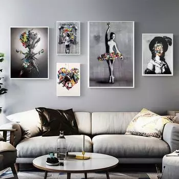Абстрактное цветное граффити, искусство Бэнкси, балерина, плакат, холст, картина, гостиная, кабинет, коридор, украшение для дома, фреска 21X30cm No Frame