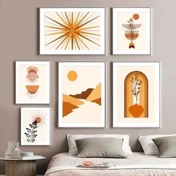 Абстрактное геометрическое настенное искусство, холст, картина, гора, солнце, луна, лист, плакат, оранжевые принты для гостиной, украшения дома, фотографии 21*30cm
