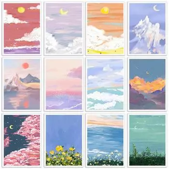 Абстрактное искусство Акварель Пейзаж Плакаты и принты Пляж Снег Гора Солнце Луна Цветок Настенная картина Картина на холсте Домашний декор 21x30cm No Framed