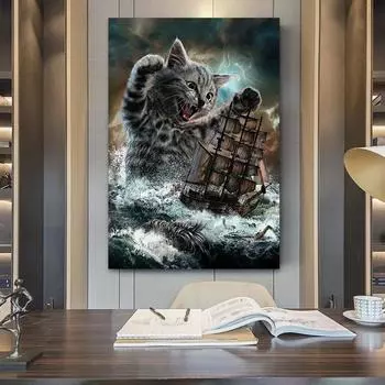 Абстрактное искусство Милые постеры и принты с котом из Мьянмы Картины на холсте Настенные картины для спальни Гостиная Украшения дома 21x30cm No Framed