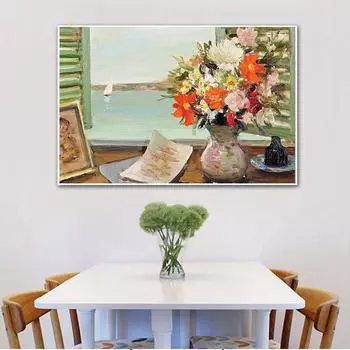 Абстрактное искусство Пейзаж Окно Цветы Плакат Винтаж Настенное искусство Ретро Декор Холст Картина маслом Украшение гостиной Домашняя лодка 21cm30cm NoFrame