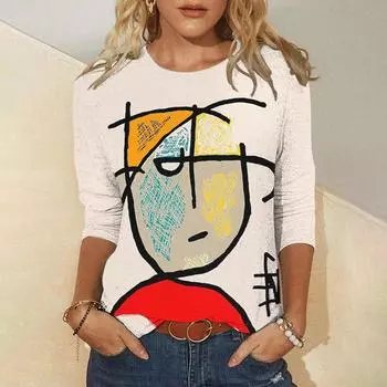 Абстрактное искусство раскрашивание лица осенняя женская футболка с круглым вырезом и длинным рукавом трендовая свободная футболка с круглым вырезом и длинным рукавом S