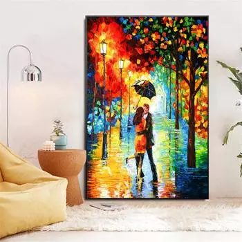 Абстрактное искусство Встреча любовника под дождем Холст Картина маслом Абстрактный Пейзаж Золотые листья Стена Искусства Плакат Комната Домашний декор 20x30cm no frame кадмий оранжевый