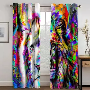 Абстрактное искусство, животные, богемный, психоделический, лев, волк, светофильтрующие шторы, оконные шторы для гостиной, спальни, 2 шт., декор 100W160H(CM)40x63in&Hook