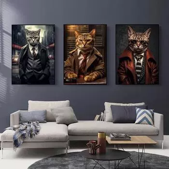 Абстрактное искусство животных. Кошачьи постеры с принтами на холсте, ретро настенные художественные картины для гостиной, украшения дома 21x30cm No Framed