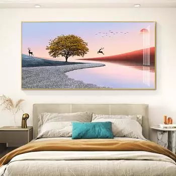 Абстрактное Красное Золотое Дерево Луна Картина Маслом Пейзаж Гора Золотой Олень Плакат Гостиная Украшения Дома 21cm30cm NoFrame