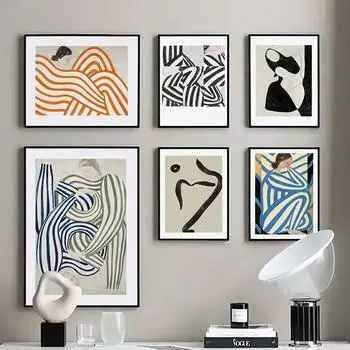 Абстрактное настенное искусство, полосатая пижама, женская геометрическая линия, плакаты на скандинавскую тему, живопись на холсте и принты, настенные картины, декор для гостиной 21x30cm No Framed