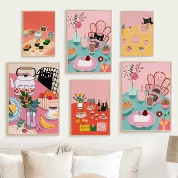 Абстрактное послеобеденное чаепитие, плакат с принтом, современное скандинавское искусство для пикника, холст, кухонный торт, десерт, настенная живопись, домашний декор для комнаты 21x30cm No Framed