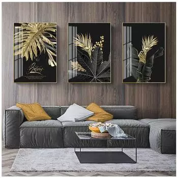 Абстрактное растение с золотыми листьями, настенная живопись на холсте, скандинавские плакаты и принты, настенные панно для гостиной, современный домашний декор 21*30cm