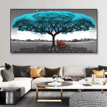Абстрактное синее дерево красный стул картина маслом плакат настенная художественная картина украшение дома 21cm30cm NoFrame