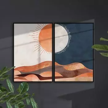 Абстрактное солнце и луна в стиле бохо, пустыня, настенное искусство, постер, сцена, жженый оранжевый, темно-синий, холст, картина, скандинавский декор для гостиной, без рамки 21*30cm No Frame