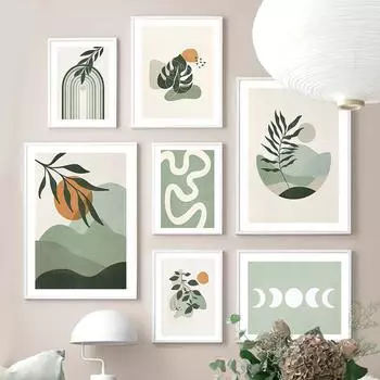 Абстрактное зеленое растение, плакат и линия печати, богемная луна, настенное искусство, мудрец, холст, картина, скандинавская настенная картина, украшение для гостиной 21x30cm No Frame