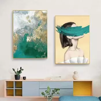 Абстрактное женское перо, зеленый холст, картина, рисунок, современное настенное искусство, печать плакатов, декоративная картина, фреска, домашний декор для гостиной 21*30cm