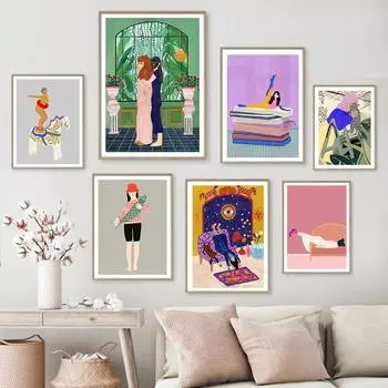 Абстрактное животное кошка с девушкой сила настенная живопись холст скандинавские постеры и принты настенные картины для украшения гостиной 21x30cm No Framed темно-синий