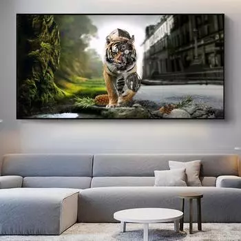 Абстрактное животное Тигр Холст Картина Сюрреалистический стиль Плакаты и принты Король леса на стене Художественная роспись для гостиной 20x40cm no frame белый