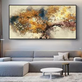 Абстрактное Золотое Дерево Листья Принт Плакат Холст Картина Настенная Картина Скандинавская Гостиная Растение Украшение Дома Живопись 20x40cm No Frame