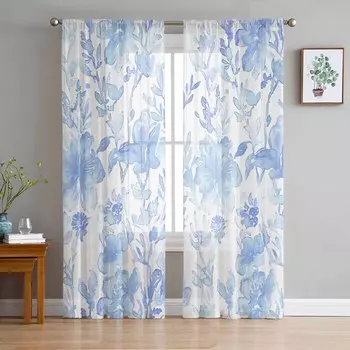 Абстрактные акварельные цветы и растения прозрачные шторы для детской спальни гостиной вуаль оконные шторы тюль драпировки W135 x H114cm