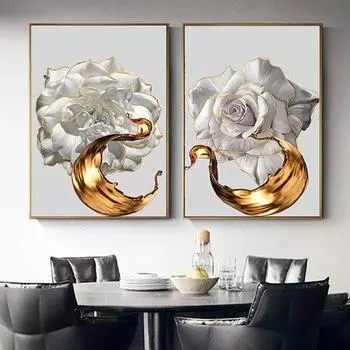 Абстрактные белые красивые розовые золотые края с цветами на холсте, постеры с картинами, современное настенное искусство, украшение для дома, гостиной, безрамное 21x30cm No Framed