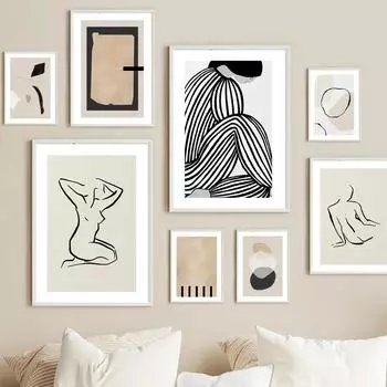Абстрактные бежевые линии обнаженная женщина эскиз настенное искусство холст живопись скандинавские постеры и принты настенные картины для декора гостиной 21x30cm No Framed