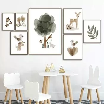 Абстрактные Бохо Медведь Олень Кролик Лесной Детская Стена Искусства Холст Картины Плакаты и Отпечатки Настенные Панно Декор Для Детской Комнаты 21X30cm No Frame